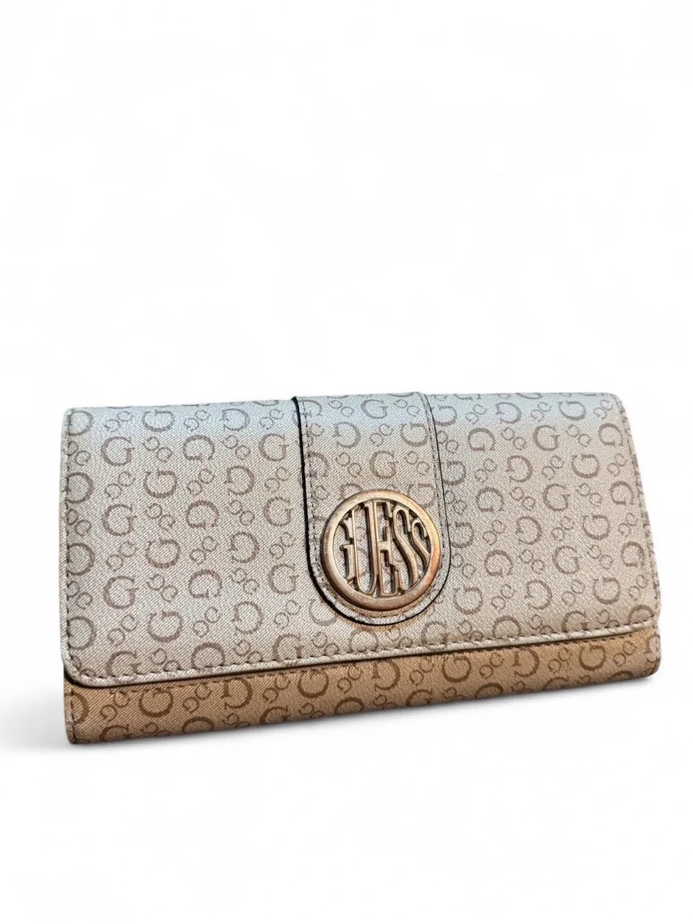 Guess Beige Monogram Fold-Over Wallet with Gold Logo